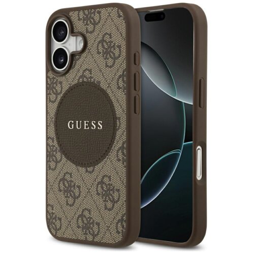 Brązowe etui na telefon z wzorem 4G i okrągłym logo GUESS na środku, zaprojektowane dla Apple iPhone 17 z funkcją MagSafe. Etui ma teksturowaną powierzchnię i wycięcia na przyciski oraz aparat.