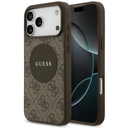 Brązowe etui na telefon z wzorem 4G i okrągłym logo "GUESS" na środku. Etui jest dopasowane do modelu telefonu z trzema widocznymi obiektywami aparatu.