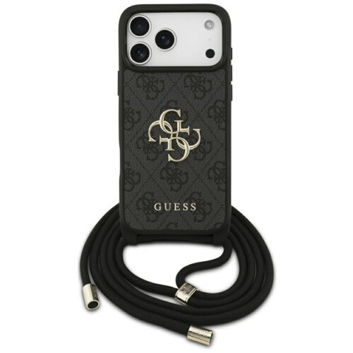 Czarne etui na telefon z widocznym wzorem i dużym logo "4G" oraz napisem "GUESS" poniżej. Do etui przymocowany jest czarny sznurek z metalowymi końcówkami.