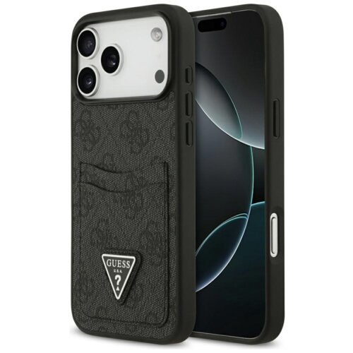 Czarne etui na telefon z teksturowanym wzorem i kieszonką na karty, ozdobione trójkątnym logo z napisem "GUESS U.S.A." oraz znakiem zapytania. Etui jest dopasowane do modelu telefonu z trzema obiektywami aparatu.