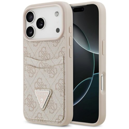 Etui na telefon w kolorze różowym z wzorem 4G i kieszonką na karty, ozdobione trójkątnym logo z napisem "GUESS USA". Obok etui widoczny jest telefon z ciemnym ekranem.