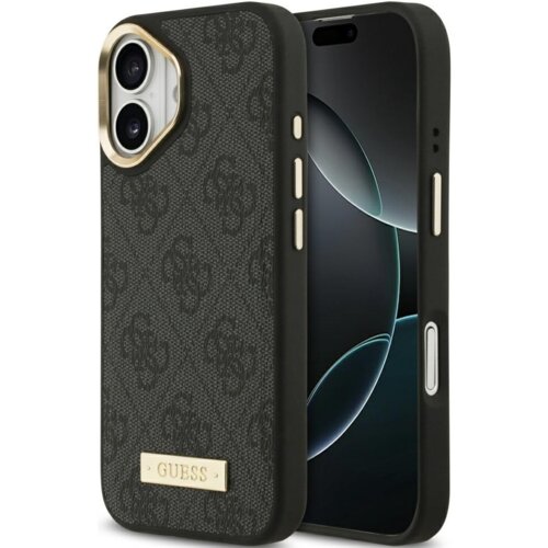 Czarne etui na telefon z widocznym wzorem 4G i metalową plakietką z napisem "GUESS" na dole. Etui jest dopasowane do telefonu z dwoma aparatami i wyświetlaczem z zaokrąglonymi rogami.