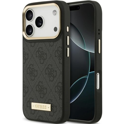 Czarne etui na telefon z widocznym wzorem i metalową plakietką z napisem "GUESS" oraz wycięciami na aparat i przyciski. Etui jest przeznaczone do modelu Apple iPhone 17 Pro i posiada funkcję MagSafe.