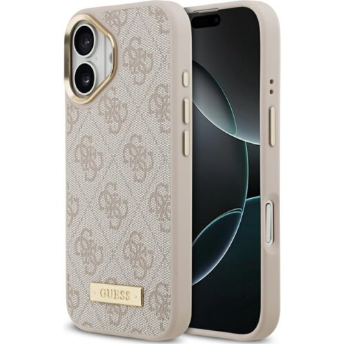 Etui na telefon w kolorze różowym z wzorem 4G i złotą tabliczką z napisem "GUESS", zaprojektowane dla modelu iPhone 17, z funkcją MagSafe. Produkt ma elegancki wygląd z wycięciami na przyciski i aparat.
