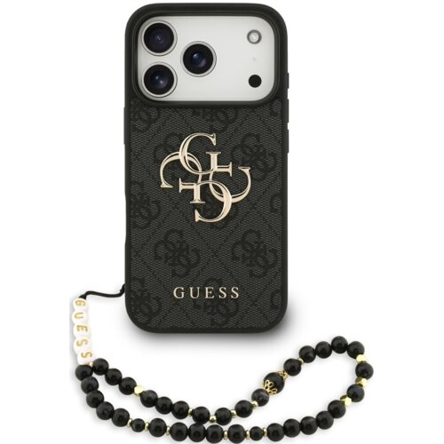 Czarne etui na telefon z wzorem i złotym logo "4G" oraz napisem "GUESS" na dole, wyposażone w czarny pasek z koralików i białymi literami "GUESS".