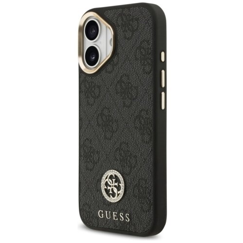 Czarne etui na telefon z teksturą i wzorem, ozdobione metalowym logo z literami "GS" oraz napisem "GUESS" na dole. Etui posiada wycięcia na aparat i przyciski, a jego krawędzie są wzmocnione.