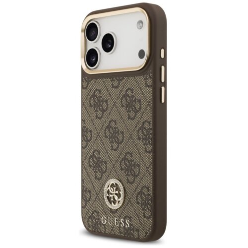 Brązowe etui na telefon z wzorem 4G i logo GUESS, ozdobione metalowymi elementami oraz dużym paskiem, zaprojektowane do iPhone 17 Pro Max z funkcją MagSafe. Na etui widoczne jest logo GUESS oraz ozdobne logo 4G z cyrkoniami.