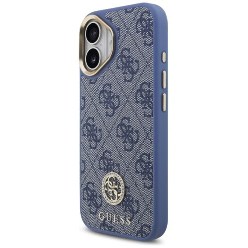 Niebieskie etui na telefon z wzorem 4G i logo GUESS w dolnej części, ozdobione metalowymi przyciskami i dużym paskiem. Etui jest kompatybilne z MagSafe i przeznaczone do Apple iPhone 17.