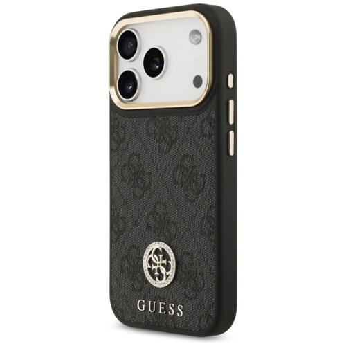 Czarne etui na telefon z teksturowanym wzorem i metalowym logo GUESS na dole, posiada wycięcia na trzy obiektywy aparatu oraz przyciski boczne. Na środku znajduje się ozdobne logo z literami "G" i "S" otoczone cyrkoniami.