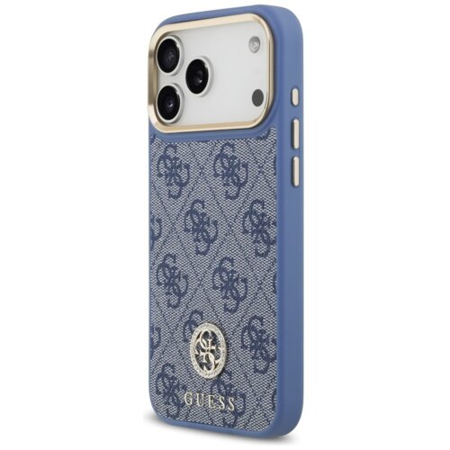 Etui na telefon w kolorze niebieskim z wzorem 4G i logo GUESS, ozdobione metalowymi elementami oraz dużym paskiem. Na etui widoczne są trzy otwory na aparaty oraz przyciski boczne.