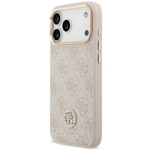 Różowe etui na telefon z teksturą w logo 4G i metalowymi przyciskami, ozdobione okrągłym emblematem z literą "G" oraz napisem "GUESS" na dole. Etui jest przystosowane do systemu MagSafe i ma wycięcia na aparat oraz przyciski boczne.