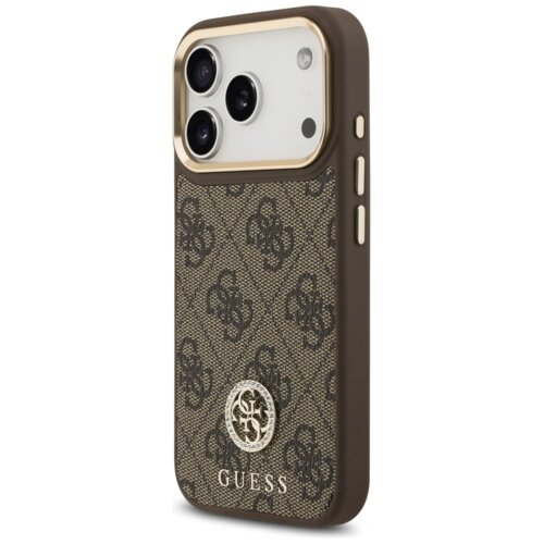 Brązowe etui na telefon z wzorem 4G i logo GUESS, posiada metalowe przyciski oraz wycięcia na aparat. Na dole widoczny jest napis "GUESS".