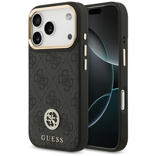 Czarne etui na telefon z teksturą i wzorem, ozdobione okrągłym logo z literami "GS" oraz napisem "GUESS" na dole. Etui posiada wycięcia na aparat i przyciski, a jego krawędzie są wzmocnione.