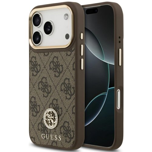 Brązowe etui na telefon z wzorem 4G i logo GUESS, ozdobione strassami, przeznaczone do modelu Apple iPhone 17 Pro. Etui posiada wycięcia na aparat i przyciski, a jego powierzchnia jest teksturowana.