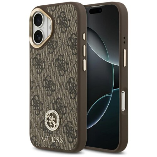 Brązowe etui na telefon z wzorem 4G i logo GUESS, zaprojektowane dla Apple iPhone 17, z funkcją MagSafe. Etui ma teksturowaną powierzchnię i wycięcia na przyciski oraz aparat.