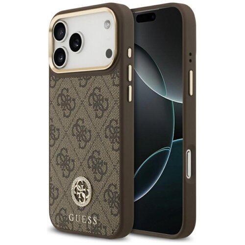 Brązowe etui na telefon z wzorem 4G i logo GUESS, zaprojektowane dla Apple iPhone 17 Pro Max, posiada wykończenie MagSafe. Na dole etui widoczny jest napis "GUESS".