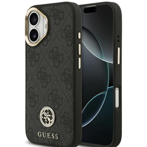 Czarne etui na telefon z teksturowanym wzorem i logo "GUESS" na dole, z okrągłym emblematem ozdobionym kryształkami. Etui jest dopasowane do telefonu z widocznymi przyciskami i wycięciem na aparat.