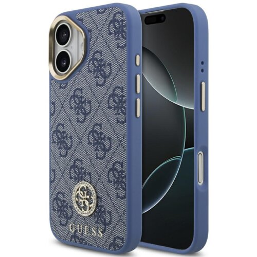 Niebieskie etui na telefon z wzorem 4G i logo GUESS na dole, zaprojektowane do iPhone'a, z widocznymi przyciskami bocznymi i otworem na aparat. W tle ekran telefonu z abstrakcyjnym wzorem.