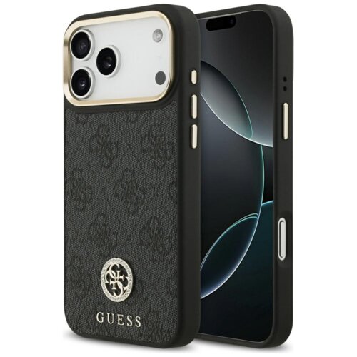 Czarne etui na telefon z teksturowanym wzorem i metalicznym logo "GUESS" oraz okrągłym emblematem z literami "4G" na dole. Etui jest dopasowane do telefonu z trzema aparatami i złotą ramką wokół obiektywów.