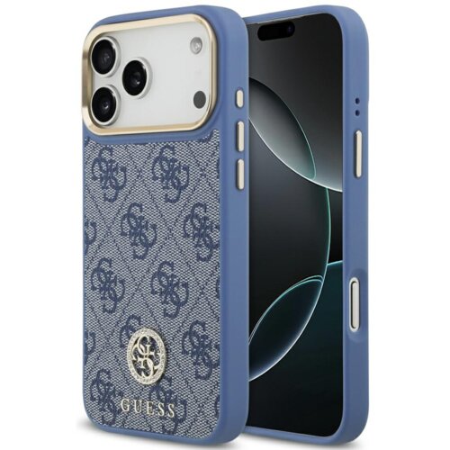 Niebieskie etui na telefon z wzorem 4G i logo GUESS, ozdobione okrągłym emblematem z kryształkami. Etui jest przeznaczone do modelu Apple iPhone 17 Pro Max i posiada wycięcia na aparat oraz przyciski.