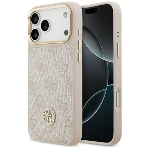 Różowe etui na telefon z wzorem 4G i logo GUESS, przeznaczone do Apple iPhone 17 Pro Max, z funkcją MagSafe. Etui ma ozdobne elementy i wycięcia na przyciski oraz aparat.