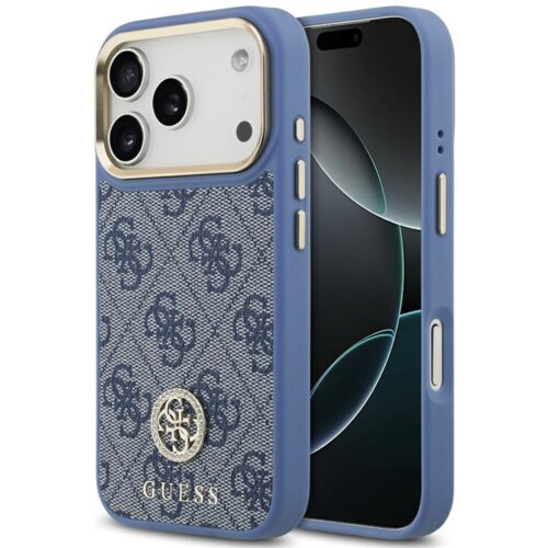 Niebieskie etui na telefon z wzorem 4G i logo GUESS, ozdobione błyszczącym emblematem, jest dopasowane do modelu iPhone 17 Pro. Etui posiada wycięcia na aparat i przyciski, a jego powierzchnia ma teksturę przypominającą tkaninę.