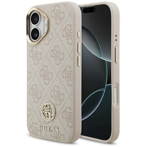 Etui w kolorze różowym z wzorem 4G i logo GUESS, przeznaczone do telefonu Apple iPhone 17, posiada wycięcia na aparat i przyciski oraz funkcję MagSafe. Na dole etui widoczny jest napis "GUESS".