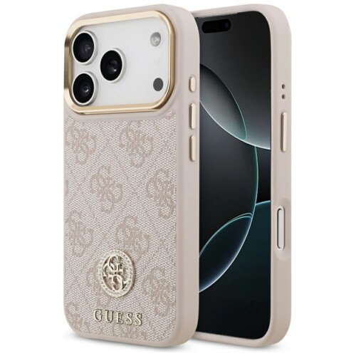 Etui na telefon w kolorze różowym z wzorem 4G i logo GUESS, posiada wycięcia na aparat i przyciski. Na dole etui widoczny jest napis "GUESS".