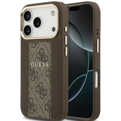 Brązowe etui na telefon z widocznym wzorem i napisem "GUESS" na środku, przeznaczone dla modelu iPhone z trzema aparatami. Etui posiada złote akcenty wokół aparatów oraz przyciski boczne.