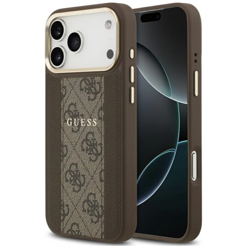 Brązowe etui na telefon z widocznym wzorem i napisem "GUESS" na tle ozdobionym motywem 4G. Etui jest dopasowane do modelu telefonu z trzema obiektywami aparatu i przyciskami bocznymi.