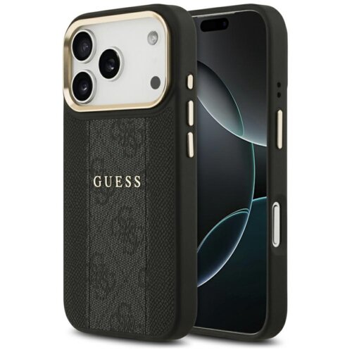 Czarne etui na telefon z widocznym napisem "GUESS" oraz wzorem 4G, zaprojektowane dla modelu Apple iPhone 17 Pro. Etui posiada wycięcia na aparat i przyciski, a jego powierzchnia ma teksturowany wygląd.
