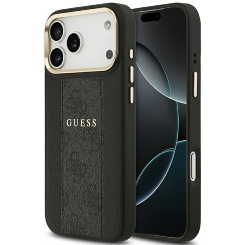 Czarne etui na telefon z widocznym logo "GUESS" na teksturowanej powierzchni, z trzema wycięciami na aparaty oraz przyciskami bocznymi. Etui jest dopasowane do telefonu z ekranem wyświetlającym ciemny motyw graficzny.