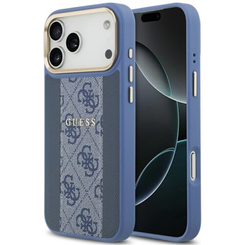 Niebieskie etui na telefon z wzorem 4G i napisem "GUESS" na środku, z widocznymi przyciskami bocznymi i wycięciem na aparat. Etui jest założone na telefon z ciemnym ekranem.