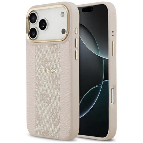 Różowe etui na telefon z widocznym logo "GUESS" oraz wzorem 4G, zaprojektowane dla modelu iPhone 17 Pro Max, z funkcją MagSafe. Etui ma wycięcia na aparat i przyciski, a jego powierzchnia jest ozdobiona teksturowanym wzorem.