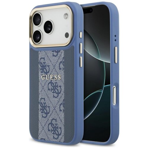 Niebieskie etui na telefon z widocznym wzorem 4G i napisem "GUESS" na tylnej części, zaprojektowane dla modelu Apple iPhone 17 Pro. Etui posiada wycięcia na aparat i przyciski, a jego krawędzie są wzmocnione.