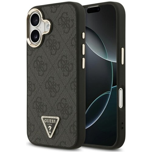 Czarno-złote etui na telefon z widocznym wzorem i trójkątnym logo z napisem "GUESS U.S.A." oraz znakiem zapytania. Etui jest dopasowane do modelu telefonu z dwoma aparatami i posiada wycięcia na przyciski.