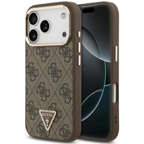 Brązowo-złote etui na telefon z wzorem 4G i trójkątnym logo "GUESS U.S.A." na dole. Etui posiada wycięcia na aparat i przyciski, a jego powierzchnia ma teksturę przypominającą tkaninę.