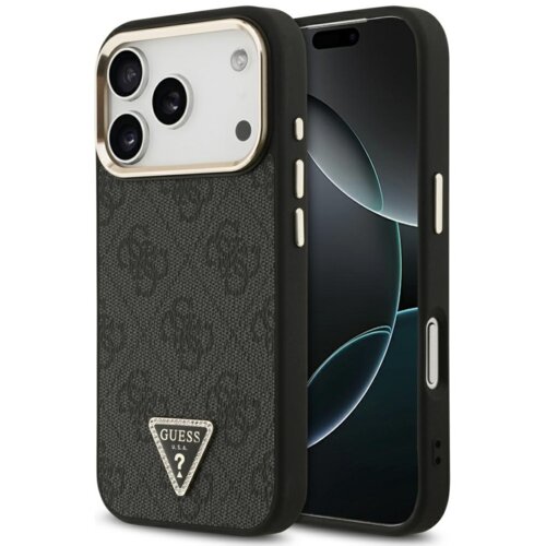 Czarno-złote etui na telefon z widocznym wzorem i trójkątnym logo "GUESS U.S.A." na dole. Etui jest dopasowane do modelu iPhone z trzema aparatami i przyciskami bocznymi.
