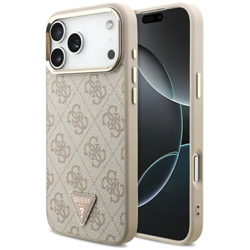 Etui na telefon w kolorze różowo-złotym z wzorem 4G i trójkątnym logo GUESS na dole. Etui jest dopasowane do modelu iPhone, z widocznymi wycięciami na aparat i przyciski.