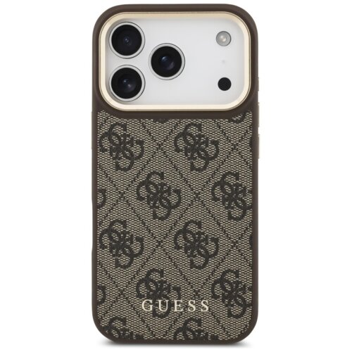 Brązowe etui na telefon z wzorem 4G i logo "GUESS" na dole, zaprojektowane dla Apple iPhone 17 Pro, z trzema widocznymi obiektywami aparatu.