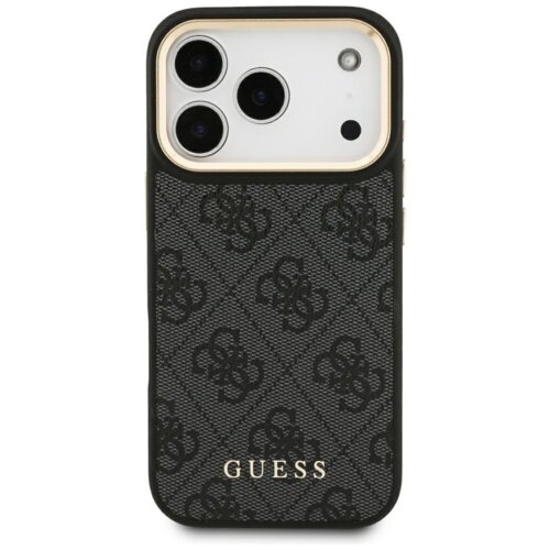 Czarne etui na telefon z wzorem w monogramy i napisem "GUESS" w dolnej części. Etui posiada wycięcia na trzy obiektywy aparatu i lampę błyskową.