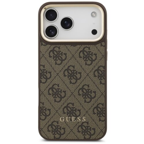 Brązowe etui na telefon z wzorem 4G i napisem "GUESS" na dole, zaprojektowane dla Apple iPhone 17 Pro Max, z trzema widocznymi otworami na aparaty. Produkt posiada funkcję MagSafe.