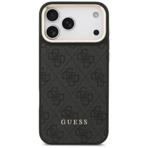 Czarne etui na telefon z wzorem 4G i napisem "GUESS" w dolnej części. Etui jest przeznaczone do modelu Apple iPhone 17 Pro Max i posiada wycięcia na aparat oraz inne elementy telefonu.