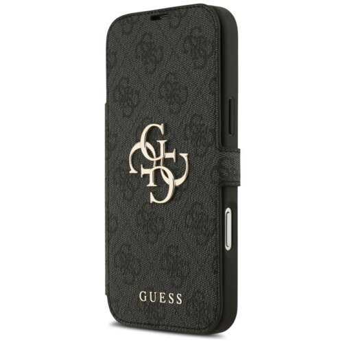 Czarne etui do telefonu z teksturą w delikatny wzór, ozdobione metalowym logo składającym się z liter "G" i "C". Na dole widoczny jest napis "GUESS" w złotym kolorze.