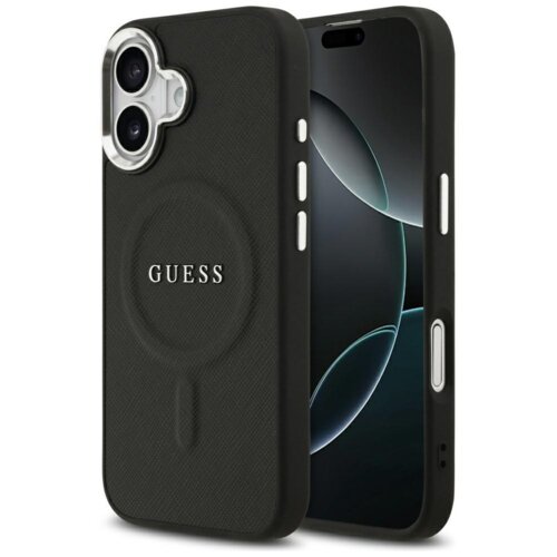 Czarne etui na telefon z widocznym logo "GUESS" na tylnej części, zaprojektowane z myślą o technologii MagSafe. Obok etui znajduje się telefon z wyświetlaczem pokazującym abstrakcyjny wzór.