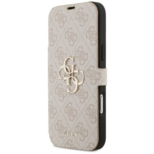 Etui w kolorze różowym z wzorem 4G i metalowym logo, z widocznym napisem "GUESS" na dole. Produkt przeznaczony do Apple iPhone 17 Pro Max.
