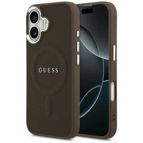 Brązowe etui na telefon z widocznym logo "GUESS" na tylnej części, zaprojektowane z myślą o technologii MagSafe. Etui posiada wycięcia na aparat i przyciski boczne, a jego powierzchnia ma delikatną teksturę.
