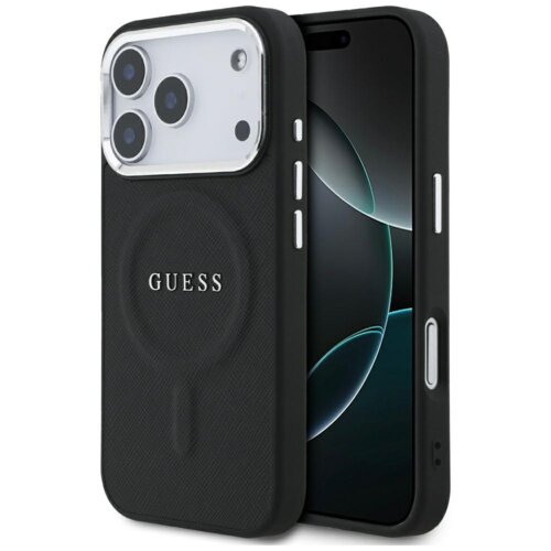 Czarne etui na telefon z widocznym logo "GUESS" na tylnej części, zaprojektowane z myślą o technologii MagSafe. Etui jest dopasowane do modelu Apple iPhone 17 Pro i posiada wycięcia na przyciski oraz aparat.
