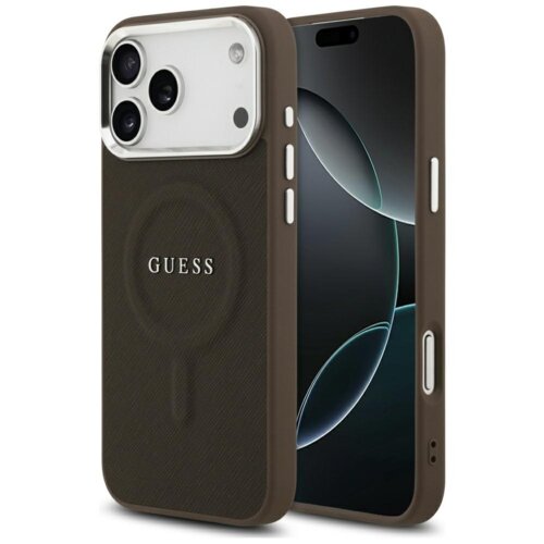 Brązowe etui na telefon z widocznym logo "GUESS" na tylnej części, zaprojektowane dla modelu iPhone z trzema aparatami. Etui posiada wycięcia na przyciski i porty, a jego powierzchnia ma delikatną teksturę.