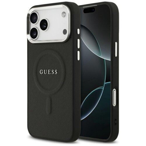 Czarne etui na telefon z widocznym logo "GUESS" oraz okrągłym wzorem na środku, przeznaczone dla modelu Apple iPhone 17 Pro Max. Etui posiada wycięcia na przyciski i aparat, a w tle widoczny jest ekran telefonu z abstrakcyjnym wzorem.